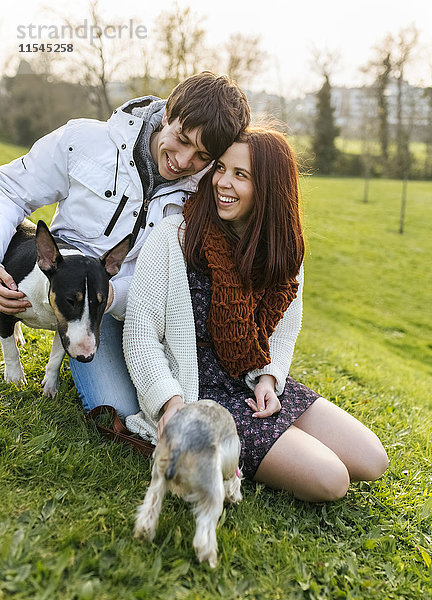 Junges Paar mit ihren Hunden auf einer Wiese