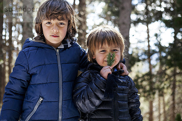 Porträt von zwei kleinen Jungen im Wald