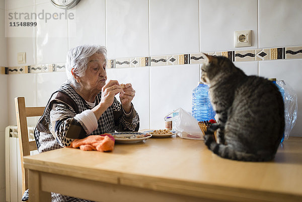 Seniorin isst  während die Katze sie beobachtet.