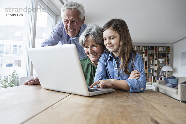 Großeltern und ihre Enkelin mit Laptop zu Hause