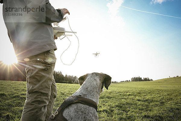 Mann auf einer Wiese fliegt Drohne  während sein Hund zusieht.