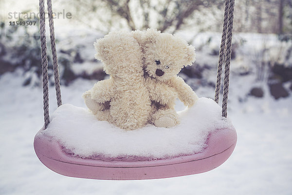 Zwei umklammernde Teddybären auf schneebedeckter Schaukel