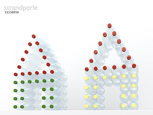 3D-Rendering  wiederverwendbare Kunststoffflaschen in Hausform gestapelt