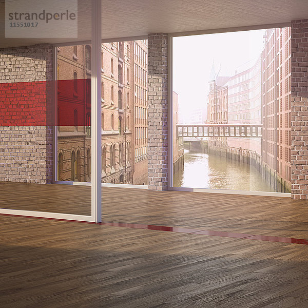 Leerer Raum mit Parkett in einem Backsteingebäude  3D Rendering  3D Rendering