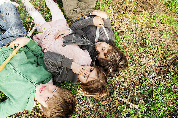 Drei Kinder im Gras liegend