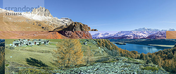 Panorama des Silsersees und des Alpendorfs Grevasalvas  Maloja  Kanton Graubünden  Schweizer Alpen  Schweiz  Europa