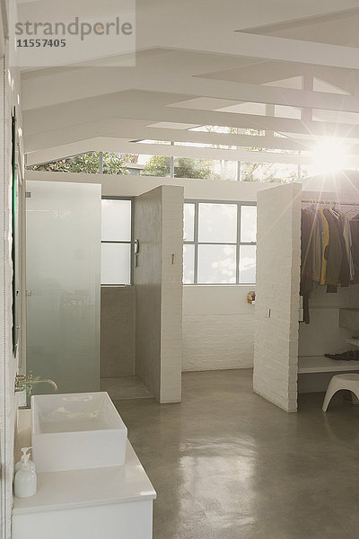 Sunny weiß modernes Haus Schaufenster Innen Bad und Schrank mit gewölbten Decken