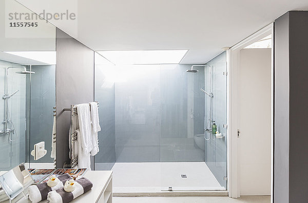 Modernes luxuriöses Schaufenster im Badezimmer mit Dusche