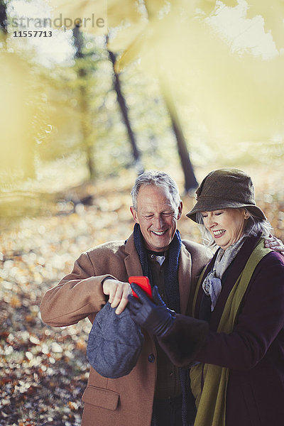 Großeltern mit dem Handy im Herbstpark