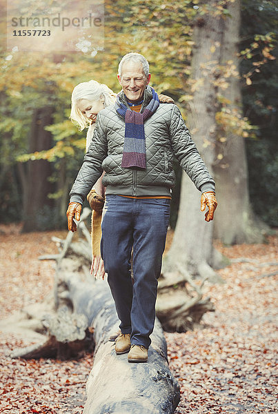 Seniorenpaar auf Holzstamm im Herbstwald