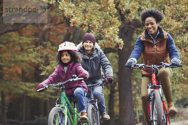 Verspieltes junges Familienradfahren im Herbstpark