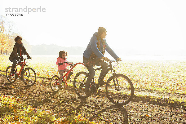Junges Familienradfahren auf dem Weg im sonnigen Herbstpark