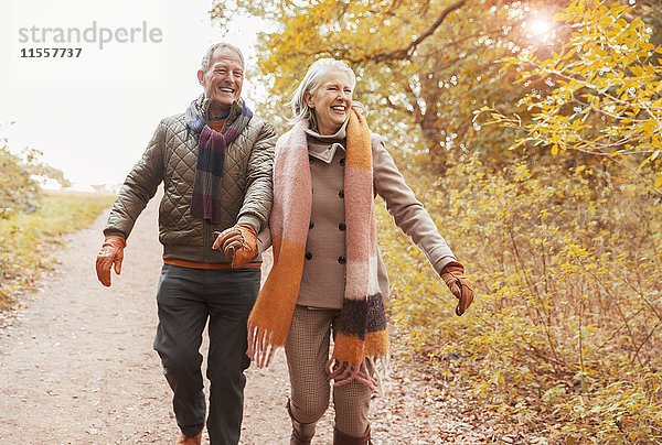 Lächelndes Seniorenpaar hält sich an den Händen und geht auf einem Pfad im Herbstwald.