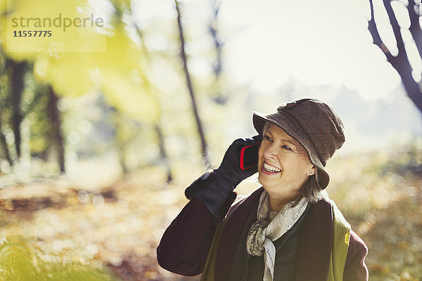 Seniorin am Handy im sonnigen Herbstpark