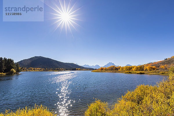 USA  Wyoming  Rocky Mountains  Teton Range  Grand Teton National Park  Snake River  Oxbow Bend  Mount Moran  Indian Summer