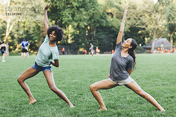 Zwei junge Frauen beim Yoga im Park