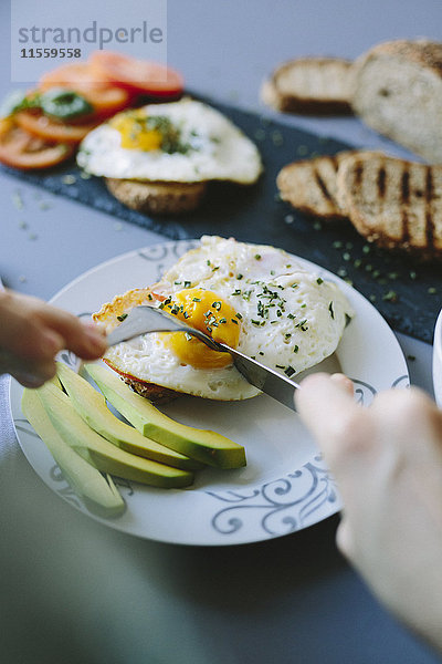 Frühstück mit Eiern  Avocado  Brot und Tomaten