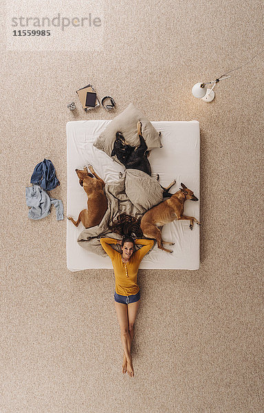 Frau  die mit Hunden auf dem Boden ihres Bettes liegt.