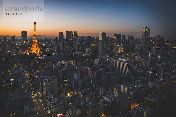 Japan  Tokio  Skyline mit beleuchtetem Tokyo Tower vom World Trade Center aus gesehen