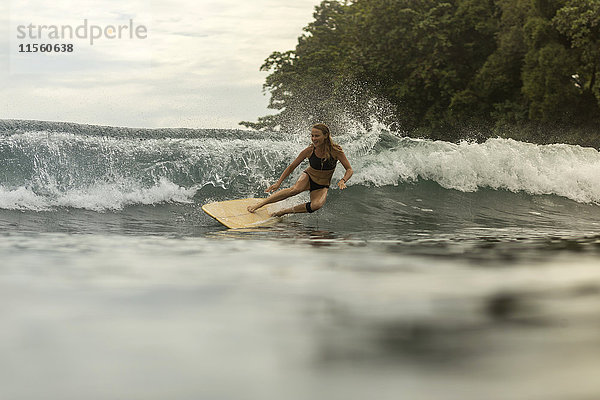 Indonesien  Java  glückliche Frau beim Surfen