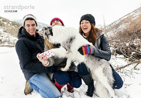 Drei Freunde  die Spaß daran haben  einen Selfie mit einem Hund im Schnee zu nehmen.