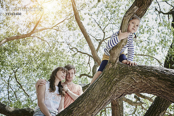 arents watching daughter climbing on a tree