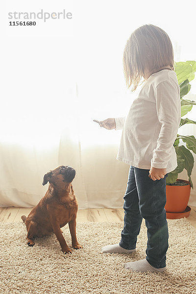 Kleines Mädchen trainiert ihren Hund  um zu Hause zu sitzen.