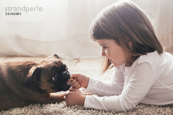 Kleines Mädchen auf dem Teppich liegend mit ihrem Hund zu Hause