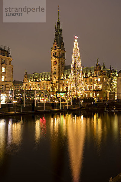Deutschland  Hamburg  Stahlweihnachtsbaum auf dem Markt vor dem beleuchteten Rathaus