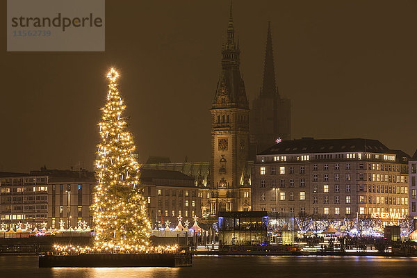 Deutschland  Hamburg  Jungfernstieg  beleuchteter Weihnachtsbaum an der Binnenalster mit Rathaus im Hintergrund