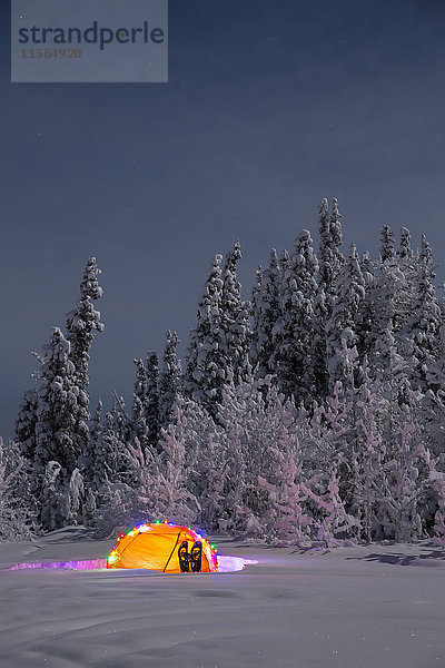 Mondlicht über einem beleuchteten Zelt mit Weihnachtsbeleuchtung in der Nähe eines schneebedeckten Waldes  Copper River Valley  Southcentral Alaska  USA