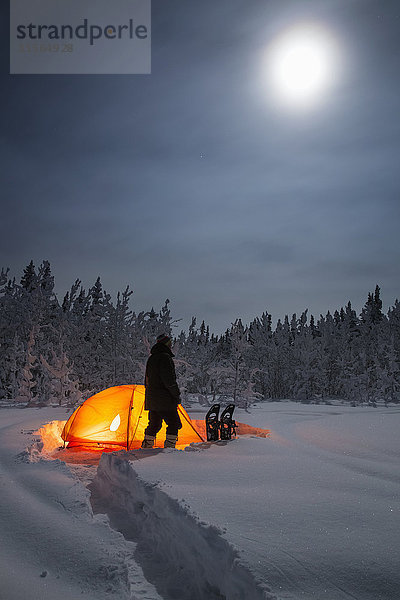 Silhouette eines Mannes  der vor einem beleuchteten Zelt im Tiefschnee in der Nähe eines Fichtenwaldes in einer mondhellen Nacht steht  Copper River Valley  Southcentral Alaska  USA