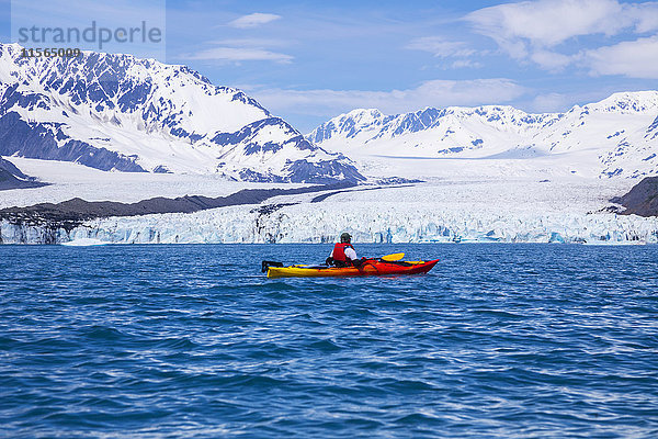 Ein Seekajakfahrer treibt vor dem Bear Glacier im Kenai Fjords National Park  Süd-Zentral-Alaska  USA