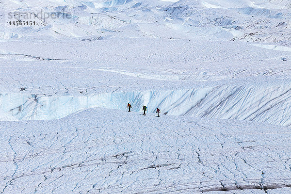 Menschen überqueren den Root-Gletscher im Wrangell-St. Elias-Nationalpark  um an einer geführten Eisklettertour teilzunehmen  Southcentral Alaska  USA