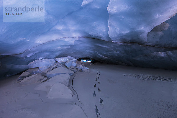 Fußspuren zeigen festes Eis unter einer dünnen Gletscherschlammschicht in diesem Tunnel  der von einem Schmelzwasserstrom in das Eis des Black Rapids Glacier gegraben wurde; Alaska  Vereinigte Staaten von Amerika'.