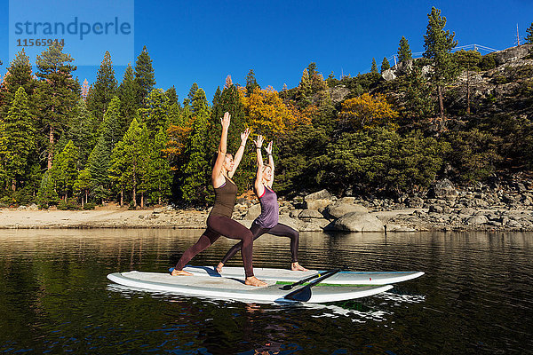 Fitness-Modelle beim Yoga auf einem Paddleboard auf dem Pinecrest Lake; Kalifornien  Vereinigte Staaten von Amerika'.