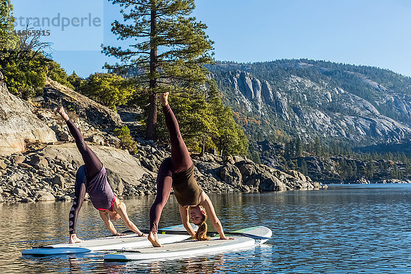 Fitness-Modelle beim Yoga auf einem Paddleboard auf dem Pinecrest Lake; Kalifornien  Vereinigte Staaten von Amerika'.