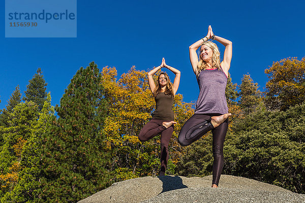 Fitness-Modelle beim Yoga auf einem Felsen  Pinecrest Lake; Kalifornien  Vereinigte Staaten von Amerika'.