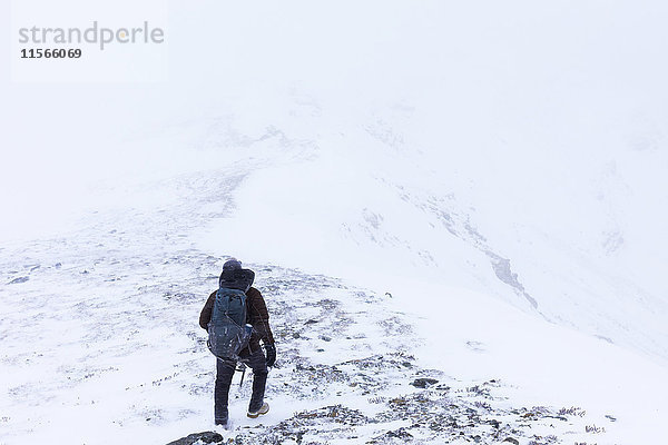 Ein Wanderer steigt im Schneegestöber einen Kamm hinunter  nachdem er hoch über dem Trims Creek in einem Teil der Alaska Range  bekannt als die 'Delta Mountains'  im frühen Winter geklettert ist; Alaska  Vereinigte Staaten von Amerika'.