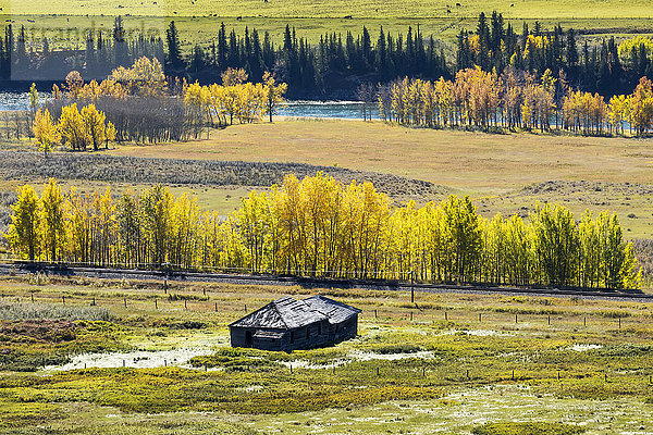 Alte Holzscheune auf einem Feld entlang einer Eisenbahnlinie mit bunten Bäumen im Herbst und einem Fluss im Hintergrund; Alberta  Kanada'.