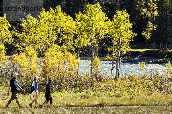 Drei Wanderer auf einem Wanderweg mit bunt beleuchteten Bäumen im Herbst und einem Fluss im Hintergrund; Alberta  Kanada'.