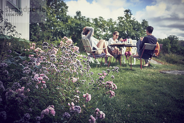 Blumen  Familie entspannt im Hintergrund