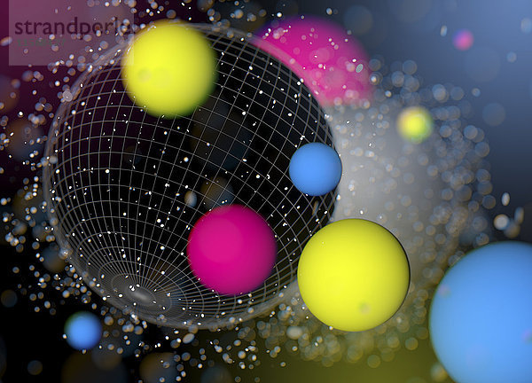 Geometrisches Gitternetz auf einer Kugel und fluoreszierende neonfarbene Bälle