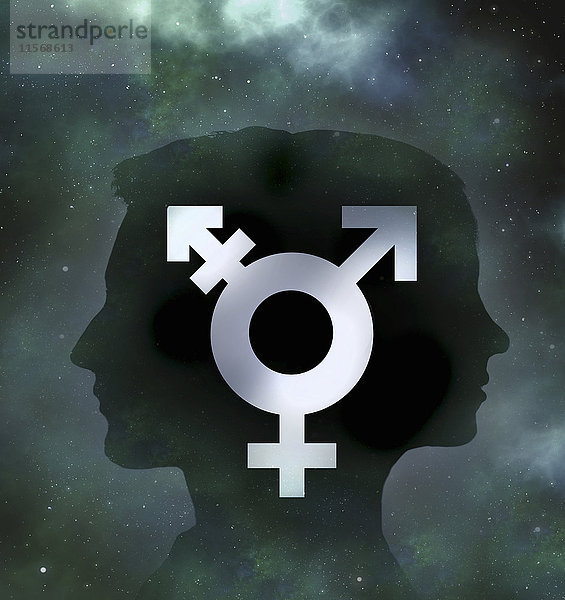 Silhouette von Frau und Mann Rücken an Rücken mit Transgender-Symbol