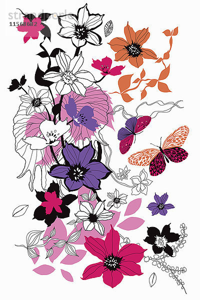 Zeichnung von Blumen  Blättern und Schmetterlingen