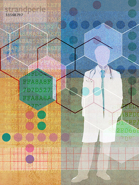Arzt und verbundene Zahlen und Muster in einer Medizin-Collage