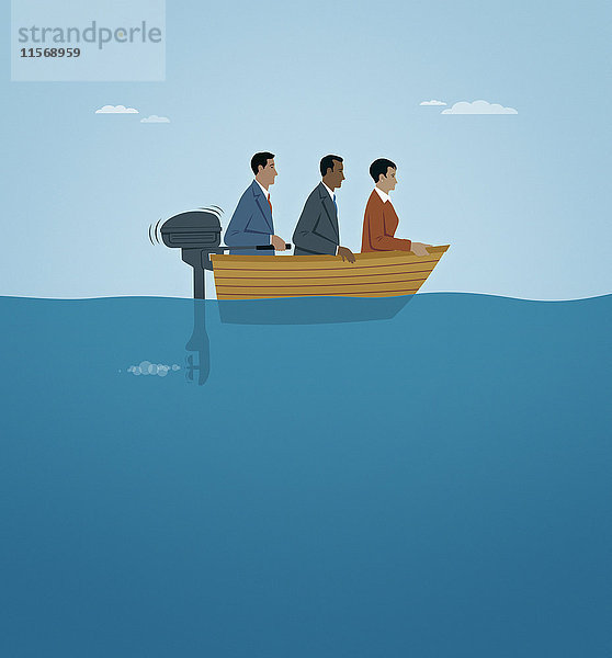 Drei Geschäftsleute bewegen sich langsam in einem Boot mit zu kleinem Motor