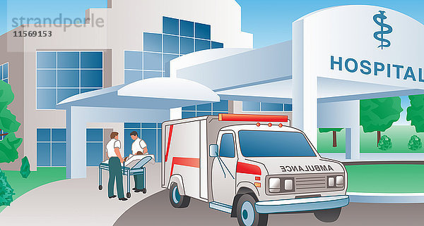 Sanitäter bringen Patienten vom Notarztwagen ins Krankenhaus
