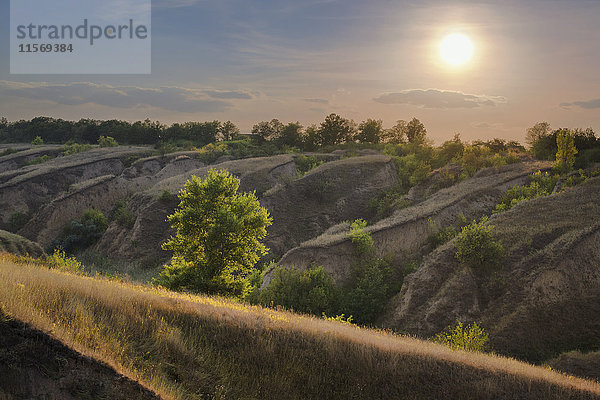 Ukraine  Dnepropetrovsk  Wiese mit Hügeln bei Sonnenaufgang