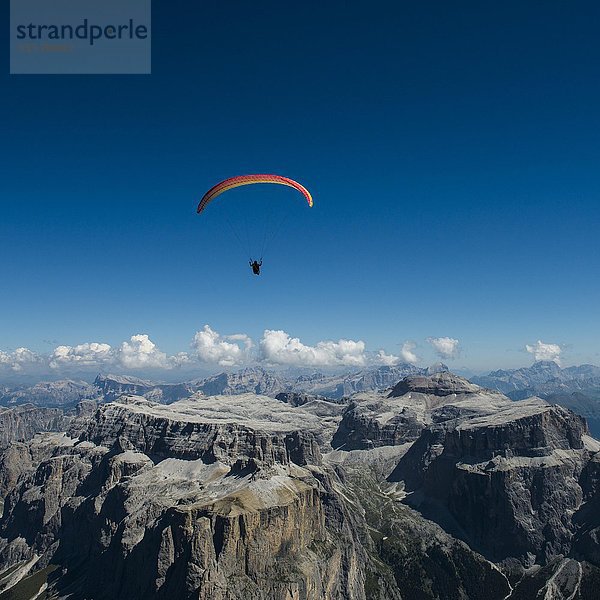 Gleitschirmfliegen  Gleitschirmfliegen über der Sellagruppe  Sellatürme und Piz Boe  Dolomiten  Fassatal  Provinz Trentino  Italien  Europa